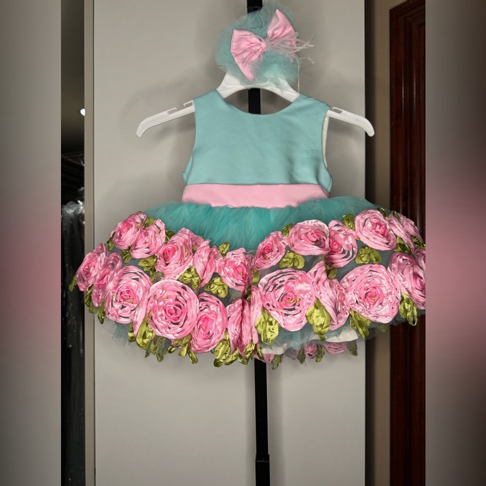 Handmade Floral Kids dress with Pink and Green Accents